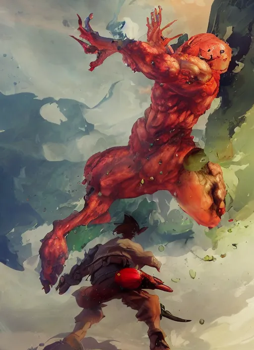 Image similar to semi reallistic gouache gesture painting, by yoshitaka amano, by ruan jia, by Conrad roset, by dofus online artists, detailed anime 3d render watermelon monster, watermelon terrible monster, antrophomorfic watermelon, portrait, cgsociety, artstation, rococo mechanical, Digital reality, sf5 ink style, dieselpunk atmosphere, gesture drawn