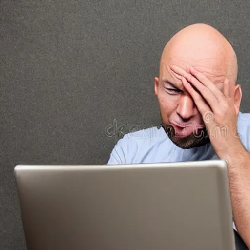 Image similar to crying sad hairless bald man crying at his computer with twitter open in the background, stock photo