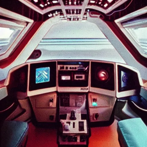 Image similar to “first person view of life aboard a retrofuturistic spaceship. 1980s photography”