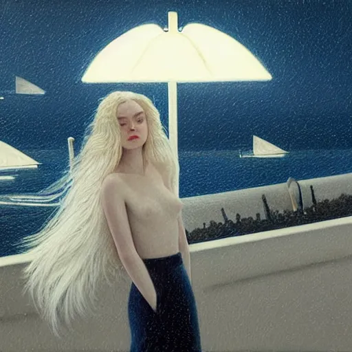 Image similar to Elle Fanning in Santorini in the world of Adam Wyeth, head and shoulders, stormy weather, extremely detailed masterpiece, oil on canvas, low-key neon lighting, artstation, Blade Runner 2049, Roger Deakin’s cinematography, by J. C. Leyendecker and Peter Paul Rubens and Edward Hopper and Michael Sowa,