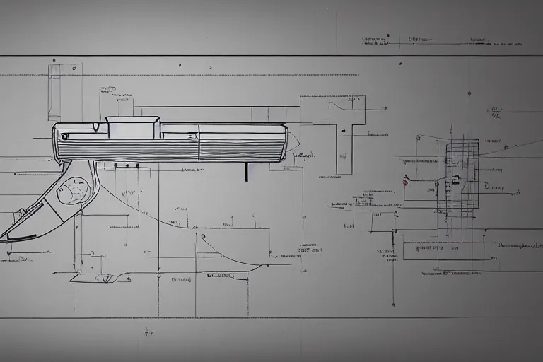 Image similar to blueprint of a laser space gun, technical drawing, concept art, centered with clear border