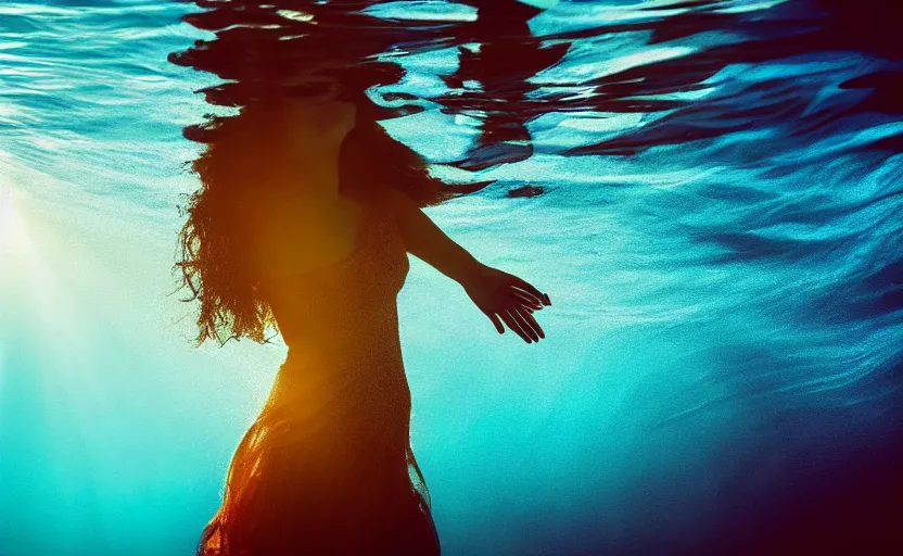 Prompt: photo portrait of woman underwater during sunrise, sunrays, flowing fabric!!, caustics, rippling water, photoshoot, flowing hair, haunting, iconic, fine-art, masterpiece, sharp focus