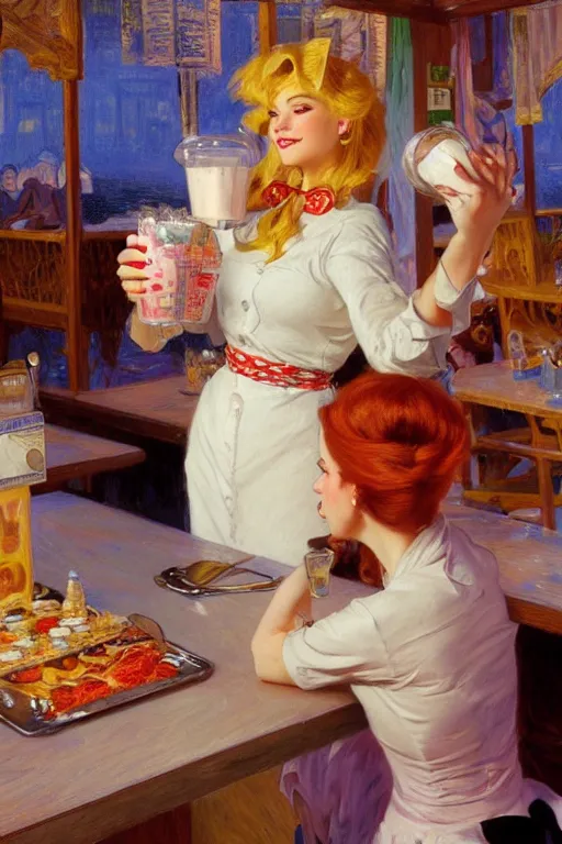 Image similar to illustration of a white female anthro wolf waitress serving milkshakes, 5 0's diner, 4 k, furaffinity, trending on artstation, very expressive face, energetic, bright colors, by gaston bussiere, craig mullins, j. c. leyendecker, gustav klimt, artgerm, greg rutkowski, alphonse mucha