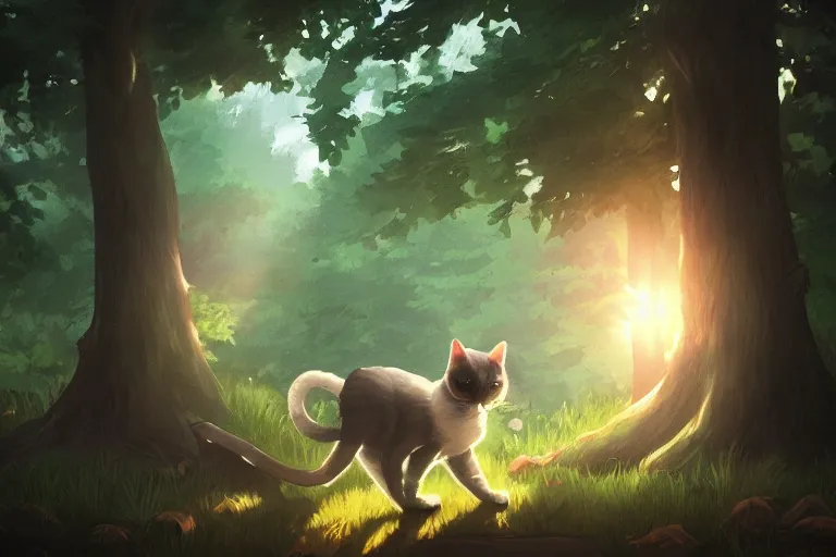 Image similar to a cat in the forest, trending on artstation, trending on furaffinity, digital art, by kawacy, anime, furry art, warm light, backlighting, cartoon, concept art