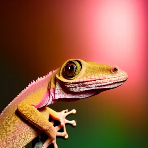 Image similar to a photograph of a pink crested gecko, studio lighting