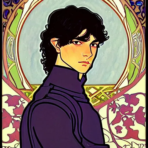 Image similar to painting of young handsome beautiful paladin elf! man with long wavy dark hair in his 2 0 s named shadow taehyung at the blueberry party, wearing armor!, elegant, clear, painting, stylized, delicate, soft facial features, art, art by alphonse mucha, vincent van gogh, egon schiele,