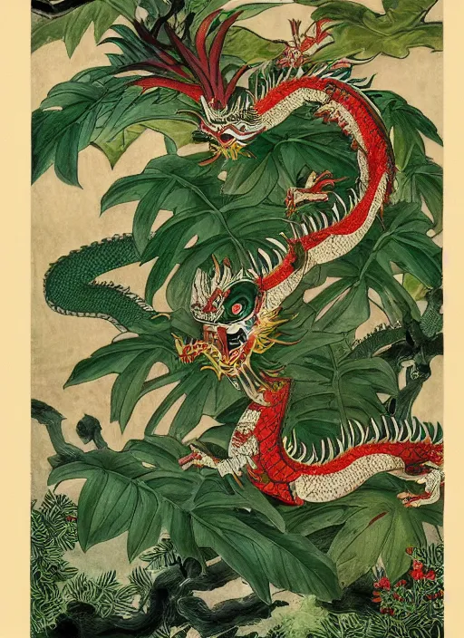 Image similar to vintage chinese dragon in a tropical forest, john james audubon, intaglio 8 k resolution