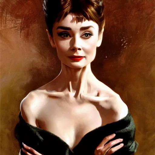 Image similar to detailed realistic cinematic wide shot of beautiful attractive audrey hepburn lilly collins vampire woman wearing black bath robe slim face symettrical face clean skin black eyes black robe smooth, sharp focus, ultra realistic, spring light, painting by gaston bussiere, craig mullins, j. c. leyendecker