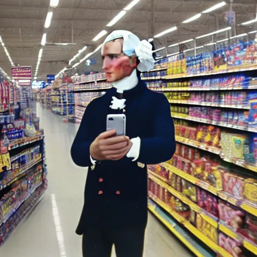Image similar to professional color photo of George Washington taking a selfie in Walmart, 4k