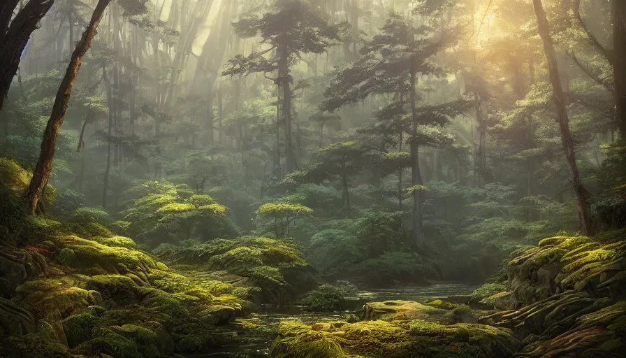 Prompt: A highly detailed matte painting of a dense forest by Mokoto Shinkai, hyperrealistic, breathtaking, beautiful composition, by Artgerm, by beeple, by Studio Ghibli, volumetric lighting, unreal 5 render, detailed, oil painting, 4K resolution, trending on artstation