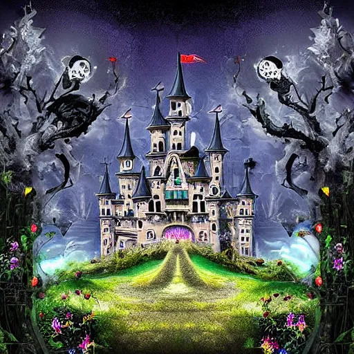 Prompt: A very phantasmagoric and haunted castle stands in the middle of a param covered with black flowers, incredible details, horror, digital art