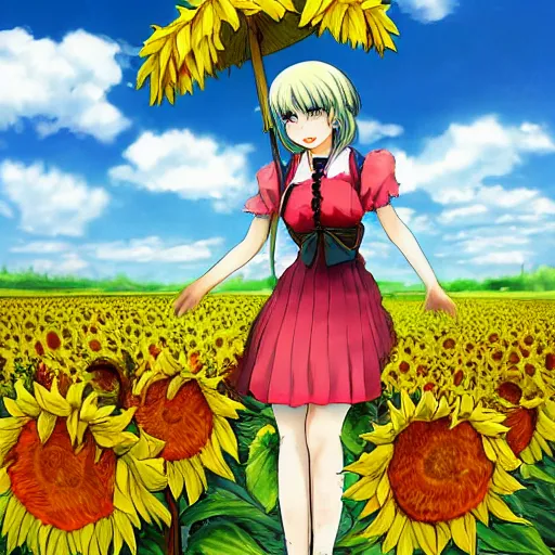 Prompt: Yuuka Kazami from Touhou standing in a field of sunflowers on a beautiful sunny day, sunny, drawn, clear skies