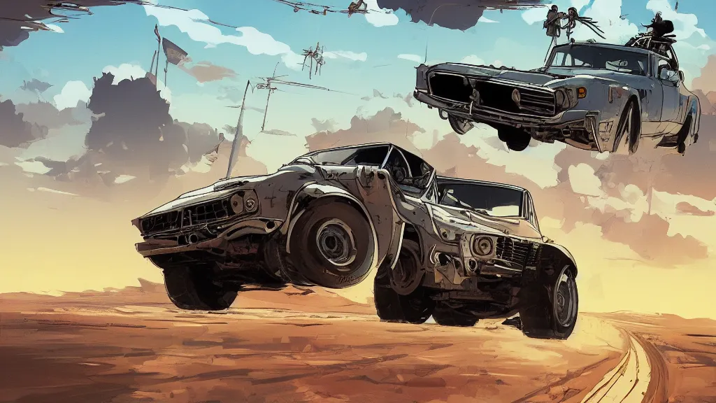 Prompt: digital illustration of mad max's fj 4 0 pursuit special, the last v 8 interceptor driving down a deserted cyberpunk highway in the middle of the day by studio ghibli, anime style, by makoto shinkai, ilya kuvshinov, lois van baarle, rossdraws, basquiat