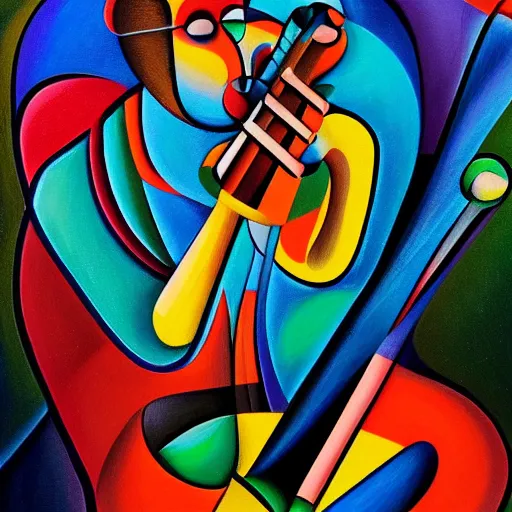 Prompt: a beautiful abstract painting of a man playing a flute in the style of anatole krasnyansky, trending in deviantart, 4k, high detail