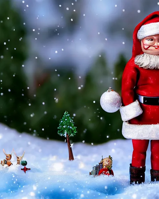 Image similar to highly detailed closeup, portrait of a tin toy santa greta thunberg wearing a bikini, depth of field, fashion photoshoot by nicoletta ceccoli, mark ryden, lostfish, dan decarlo, bob clampett, max fleischer, breathtaking, detailed and intricate snowenvironment, 8 k resolution, hyperrealistic, octane render