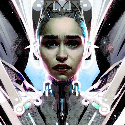 Image similar to a portrait of Emilia Clarke as a beautiful cybernetic techno queen, white woman, cyberpunk concept art by pete mohrbacher and wlop and artgerm josan gonzalez and syd mead, digital art, highly detailed, intricate, sci-fi, sharp focus, Trending on Artstation,