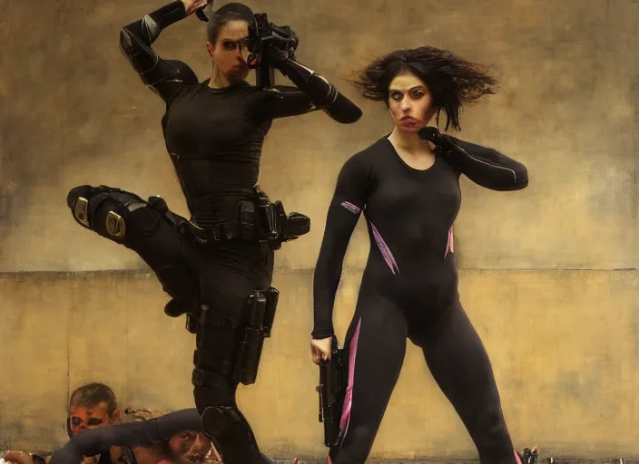 Prompt: sophia evades sgt Nash. Cyberpunk gymnast wearing combat vest escaping menacing police troopers (blade runner 2049). Gorgeous face. Iranian orientalist portrait by john william waterhouse and Edwin Longsden Long and Theodore Ralli and Nasreddine Dinet, oil on canvas. Cinematic, hyper realism, realistic proportions, dramatic lighting, high detail 4k