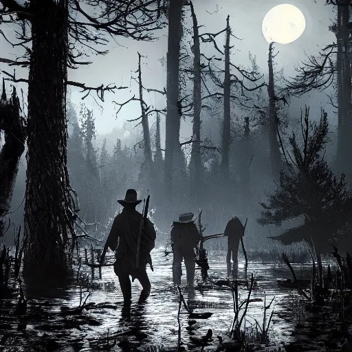 Prompt: hunters from hunt showdown walking through a swamp at night, full moon, vegetation, horror, back lighting, realistic details