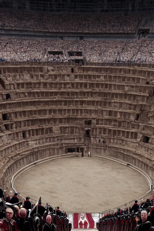 Prompt: putin vs joe biden inside a gladiator arena, 4 k, high res, movie still