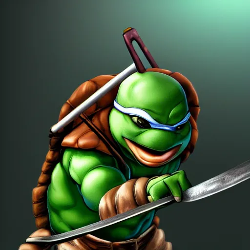 Image similar to teenage mutant ninja turtle michaelangelo with frying pan near kitchen stove, wearing white chef hat, frying nails, volumetric lighting, realistic, photo, artstation