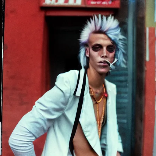 Image similar to androgynous punk smoking cigarette outside bar, photo kodachrome