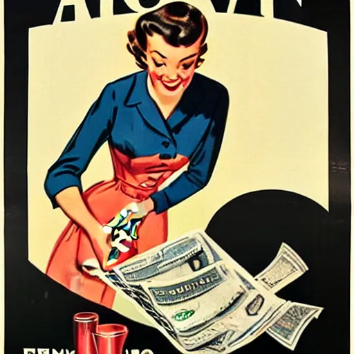 Image similar to a vintage poster of a 1 9 5 0's house wife washing money