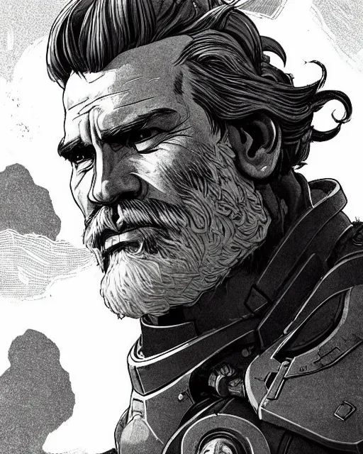 Prompt: reinhardt from overwatch, josh brolin, gray hair and beard, character portrait, portrait, close up, concept art, intricate details, highly detailed, vintage sci - fi poster, retro future, in the style of chris foss, rodger dean, moebius, michael whelan, and gustave dore