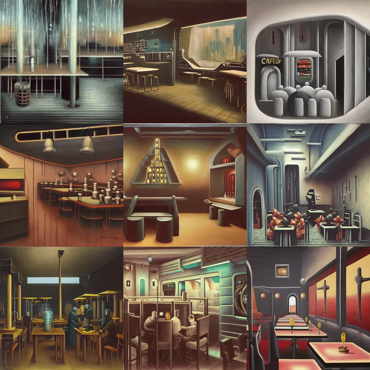 Prompt: A cyberpunk cafe painted by Kay Sage