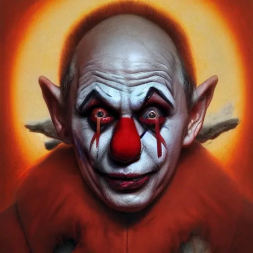 Image similar to vladimir putin, horror clown costume, red nose jester, macabre, stuning 3 d render, masterpiece, dark, by donato giancola and greg rutkowski and wayne barlow and zdzisław beksinski, realistic face