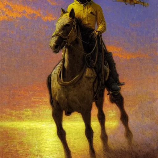 Image similar to horse rider cowboy in yellow jacket against sunset and parked spaceship, oil painting, gaston bussiere, mucha, gerome,
