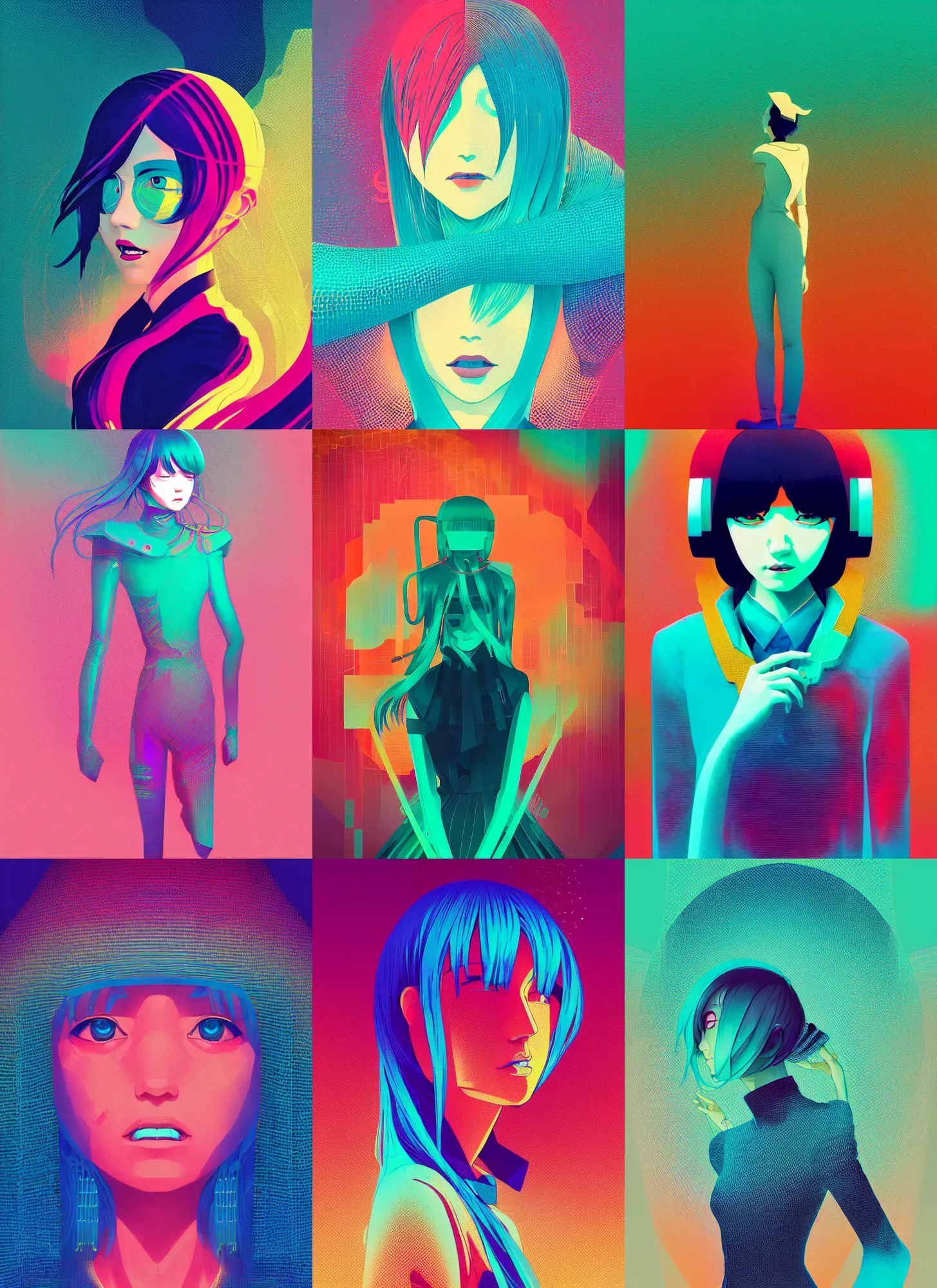 Prompt: ( ( dither ) ), editorial illustration portrait of hatsune miku, dynamic pose, modern art deco, colorful, ( ( mads berg ) ), christopher balaskas, victo ngai, rich grainy texture, detailed, dynamic composition, wide angle, moebius, matte print, glitch art