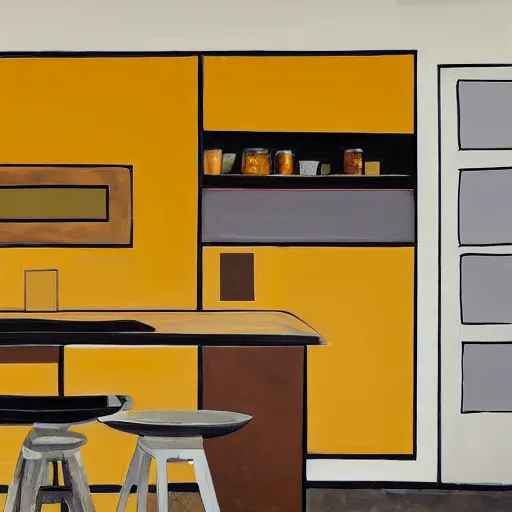 Prompt: interior of a kitchen, abstract painting cabinet texture, yellow, orange, brown, photorealist, 4 k