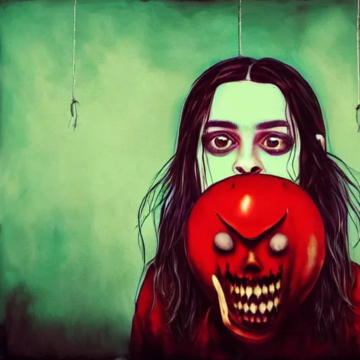 Image similar to grunge painting of billie eilish with a wide smile and a red balloon rick and morty style, creepy lighting, horror theme, detailed, elegant, intricate, conceptual