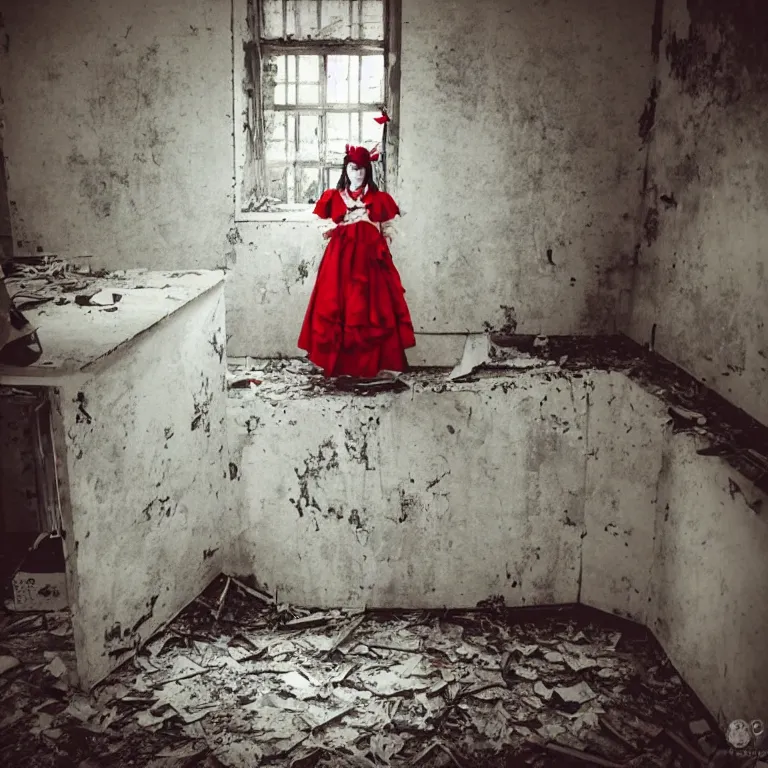 Prompt: atmospheric Polaroid photo of a reimu hakurei cosplayer in an abandoned facility