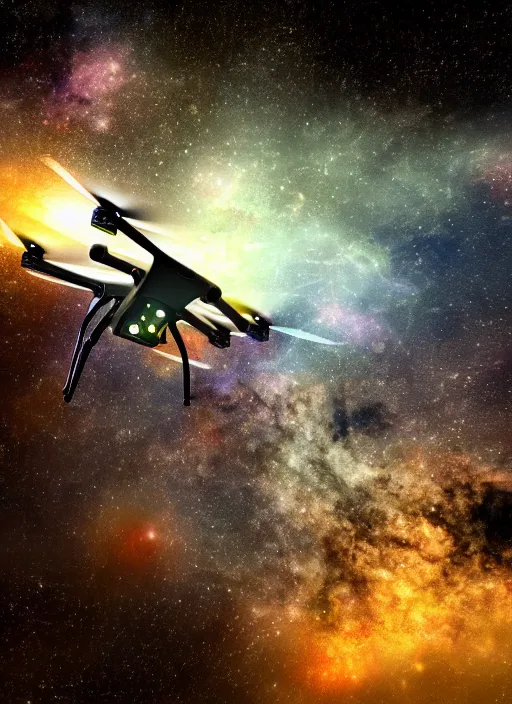 Prompt: UAV Drone, altitude, robotic, futuristic, realistic, intricate, nebula sky, photorealistic, detailed, 4k, 8k, wallpaper