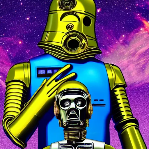 Image similar to entire body portrait of Simpson as C3PO in star wars, background blue sky puffy clouds cinematic 4k