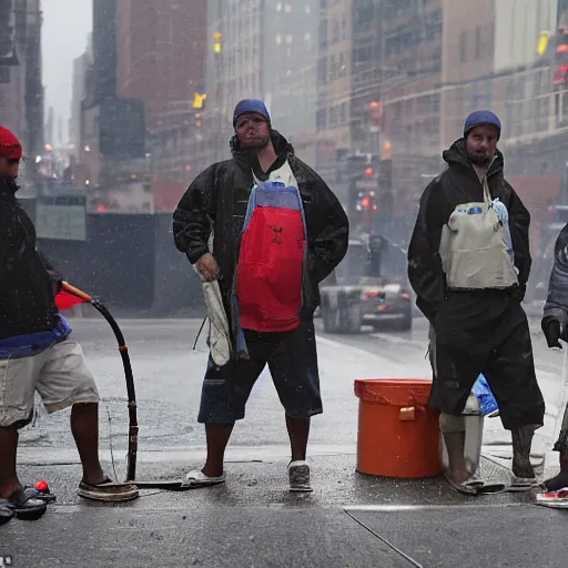 Prompt: closeup portrait of a group of fishermen trying to fish in the manholes in between car traffic in rainy new york street, by David Lazar, natural light, detailed face, CANON Eos C300, ƒ1.8, 35mm, 8K, medium-format print