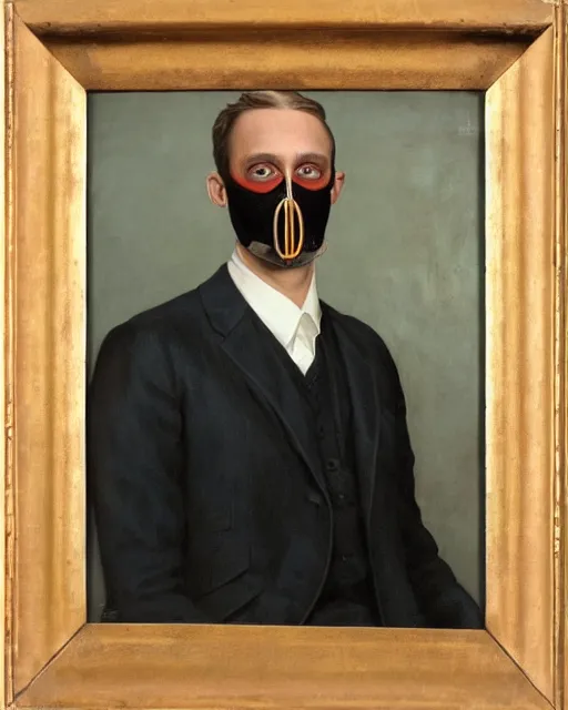 Image similar to portrait of young man wearing black medical mask, suit and tie, style of james c. christensen