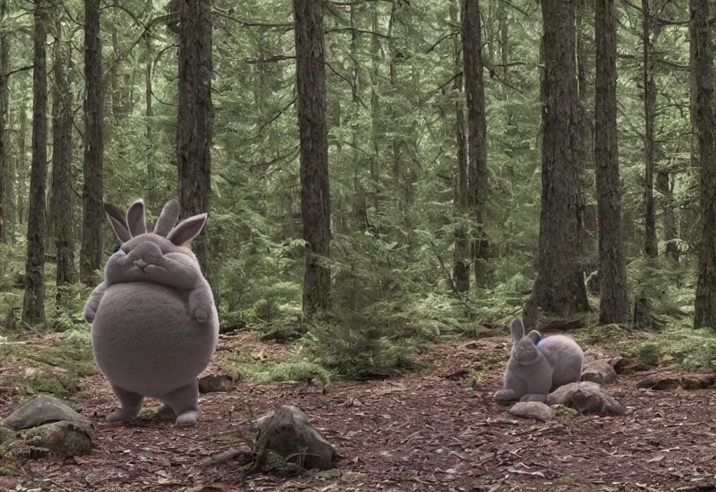 Image similar to a photo of big chungus sighting in a forest, a still from security footage, high definition