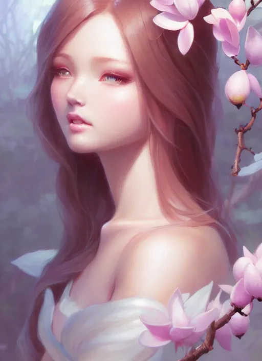 Image similar to character concept art of a goddess of magnolias as angelic young female | | seductive - fine - face, pretty face, key visual, realistic shaded perfect face, fine details by stanley artgerm lau, wlop, rossdraws, james jean, andrei riabovitchev, marc simonetti, and sakimichan, trending on artstation