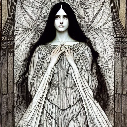 Prompt: Symmetric Pre-Raphaelite painting of a beautiful mystic woman with dark hair in a very detailed silk dark grey dress by John William Waterhouse, zoomed out, surrounded by a dark gothic frame of highly detailed mathematical drawings of neural networks and geometry by Doré, highly detailed mathematical drawings of geometry and neurons by HG Giger