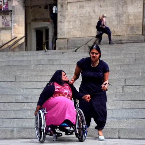 Image similar to jodie marsh pushing an obese indian woman in a wheelchair on steps in Porto, detailed photo