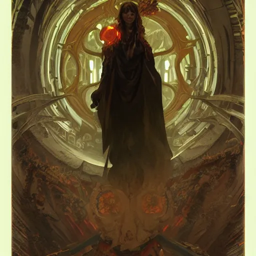 Prompt: hyper realistic portrait of a Necronomicon demon character in a hell portal in a film, art by artery and Greg Rutkowski and alphonse mucha