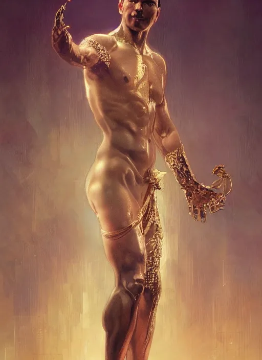 Prompt: a man made of sparkling crystal, male, full body view, beautiful high quality realistic fantasy art, trending on artstation by artgerm and greg rutkowski and alphonse mucha