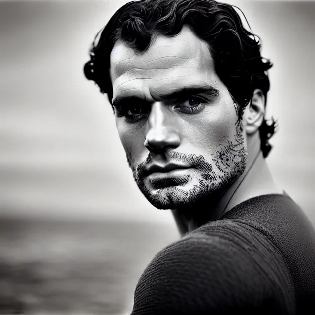 Image similar to a vintage photograph of Henry Cavill by Julia Margaret Cameron, portrait, 40mm lens, shallow depth of field, split lighting