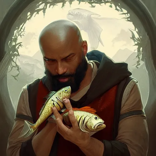 Image similar to wow! fanart young black bearded and bald man with a fish in his hand, d & d, high fantasy, detailed, digital art, artstation, smooth, sharp focus, art by artgerm, greg rutkowski, alphonse mucha