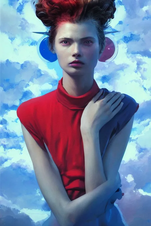 Prompt: 3 d, sci - fi, sun, sleepy fashion model face, sun, cinematic, lightning clouds, vogue cover style, stanley kubrick, light red and deep blue mood, realistic painting, intricate oil painting, high detail, figurative art, multiple exposure, poster art, 3 d, by tooth wu and wlop and beeple and greg rutkowski