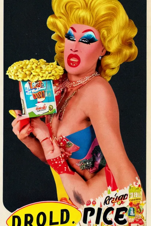 Image similar to drag queen on pickles cereal box, vintage packaging