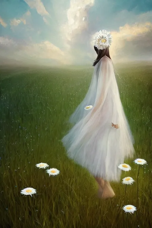 Image similar to giant white daisy flower on head, veiled girl walking in a flower field, surreal photography, sunrise, dramatic light, impressionist painting, colorful clouds, digital painting, artstation, simon stalenhag