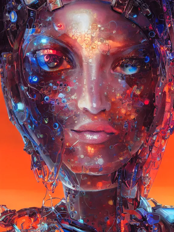 Prompt: closeup portrait of a transparent beautiful cyborg girl angroid, shattered glass, glowing iris, cinematic light, backlight glow, red sky blue, mist, by mikhail vrubel, by philippe druillet, by peter elson, by gerald brom, muted colors, extreme detail, trending on artstation, 8 k